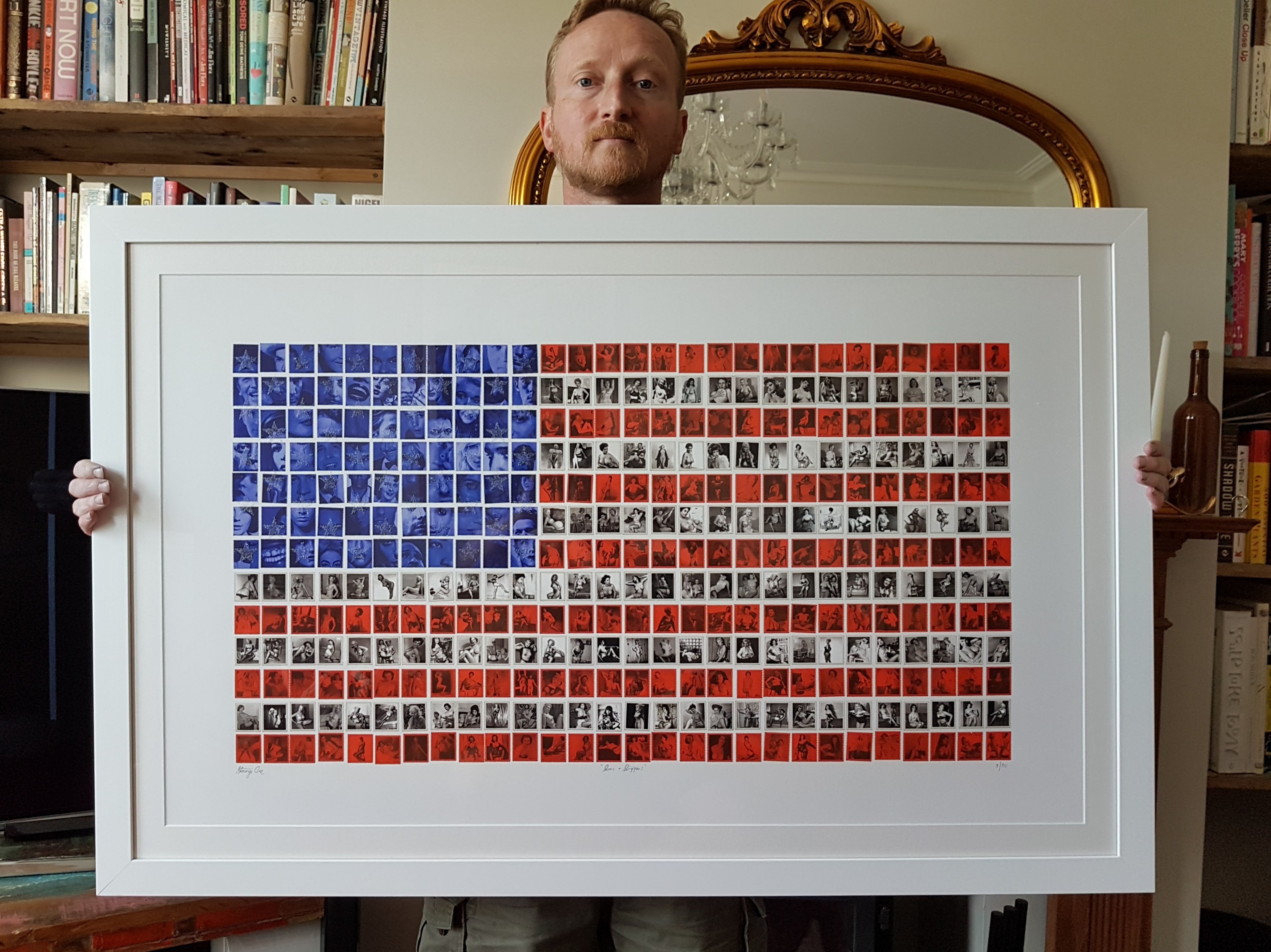 Stars and Stripes framed, a US flag built from vintage pinup stamps