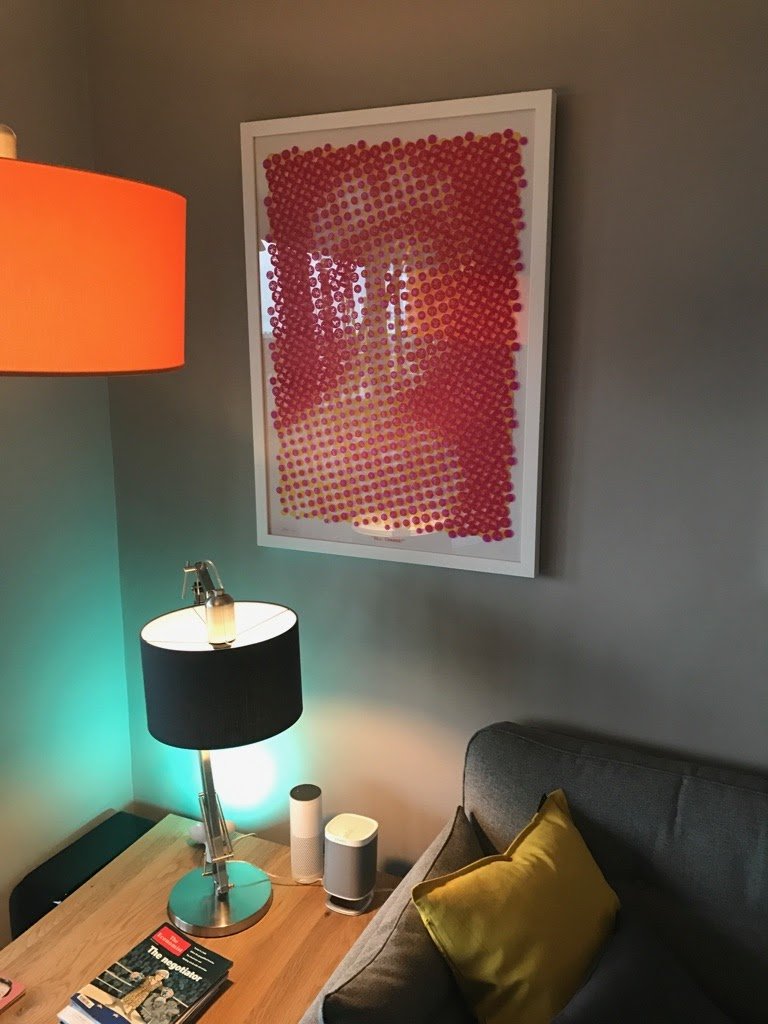 Framed pink dot portrait piece hung in a collector's living room