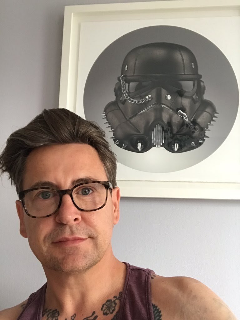 Collector selfie with the leather and spikes trooper helmet print