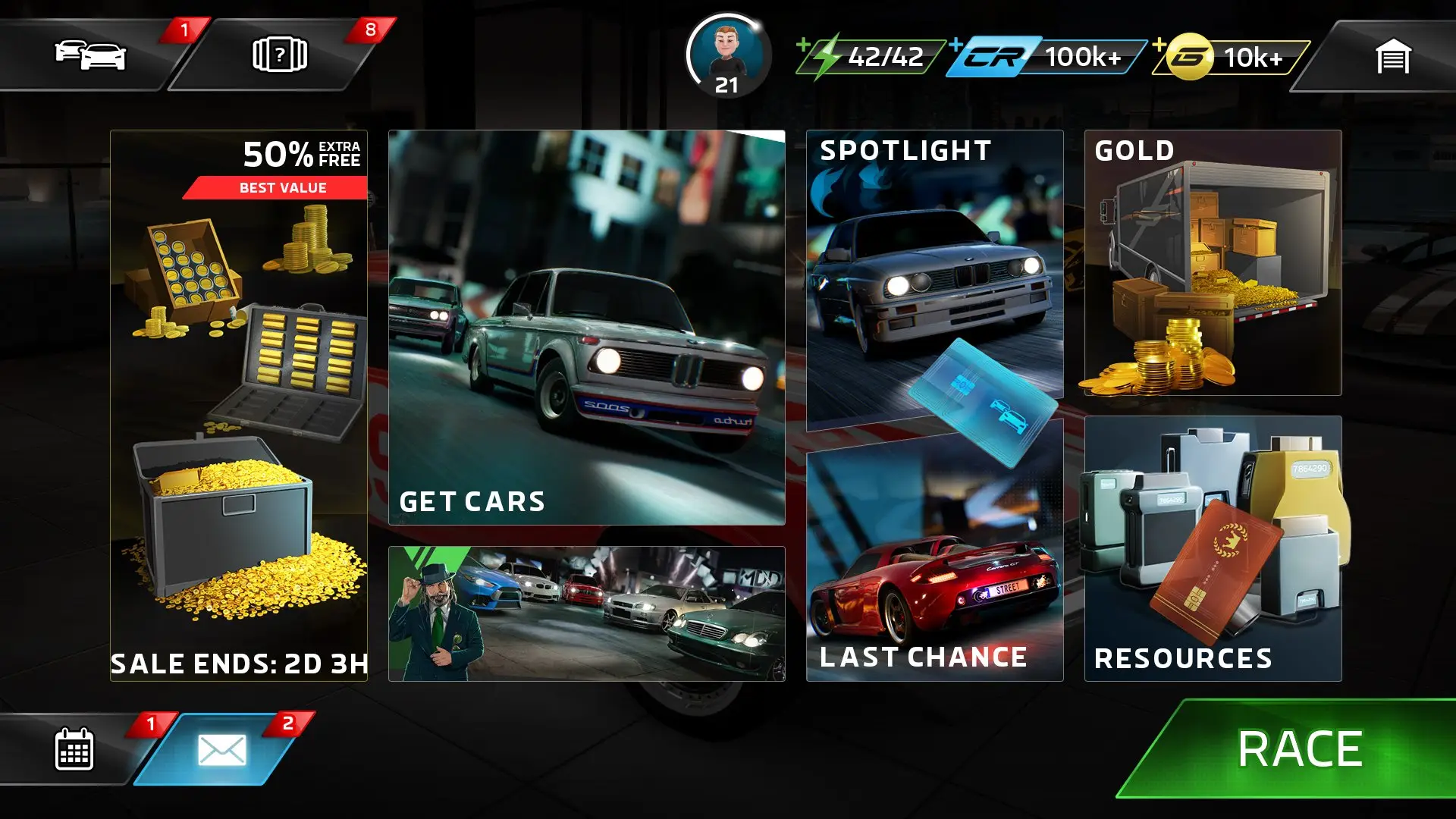 Main Menu — streamlined navigation with one-tap race access