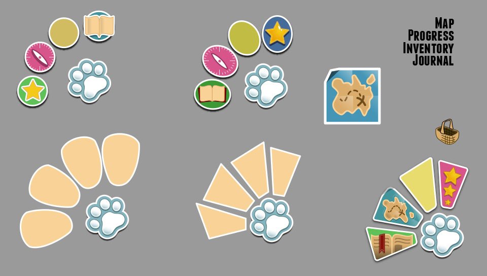 Paw button layout v2, exploring fanned petal menus for map and journal