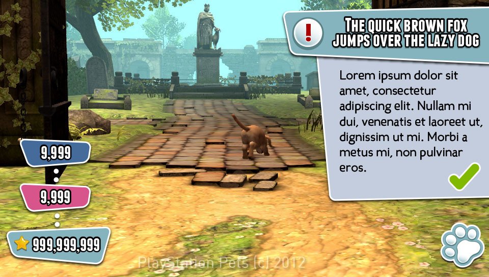 In-game HUD mockup, paw button v16 with placeholder dialogue and currency stack