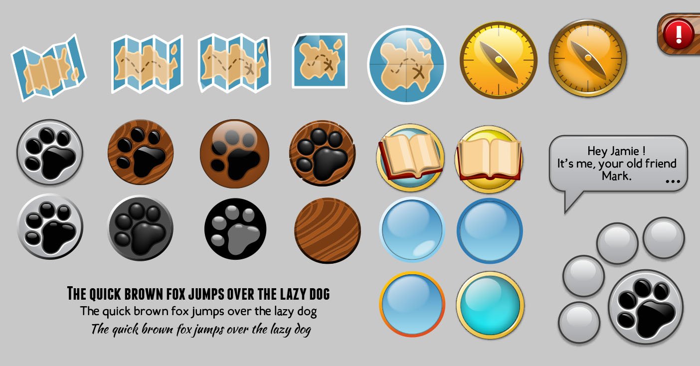 Work in progress icon sheet, maps, compasses, wood buttons and font tests