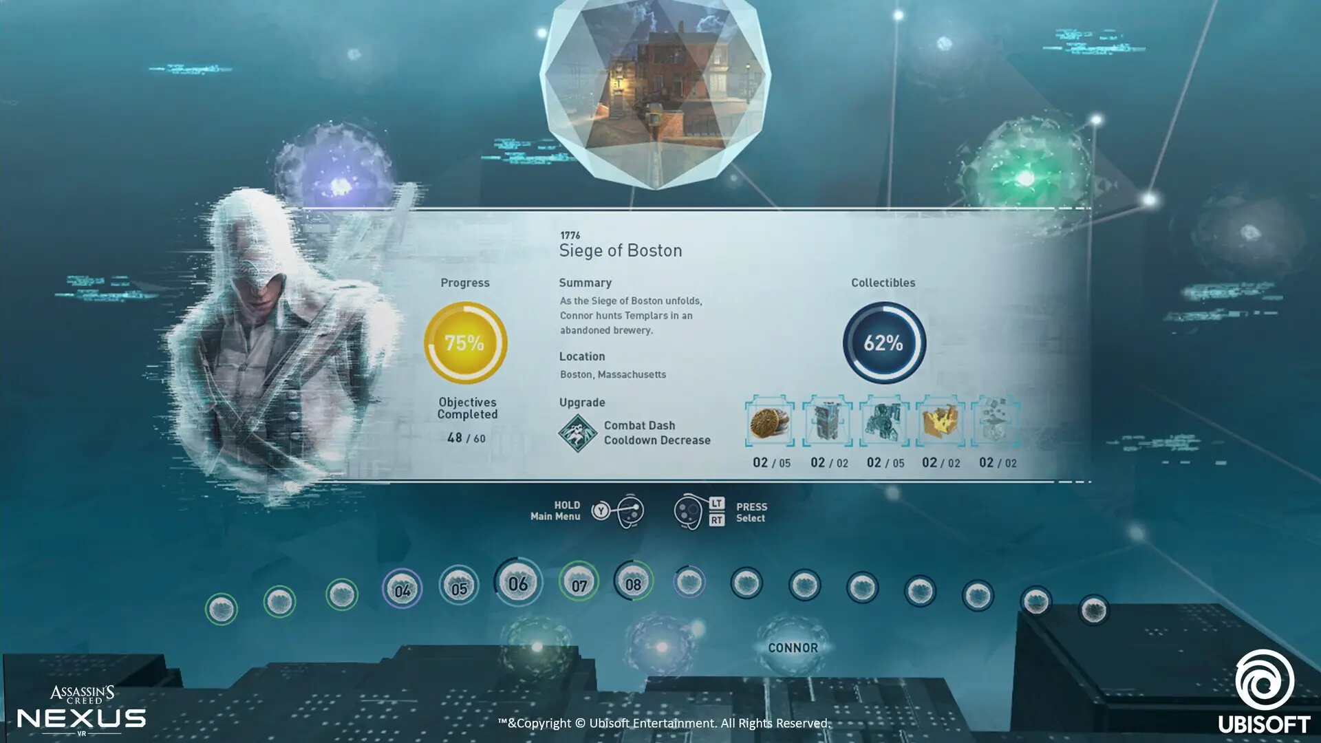 Mission hub: Siege of Boston, with progress, collectibles and the memory-node track