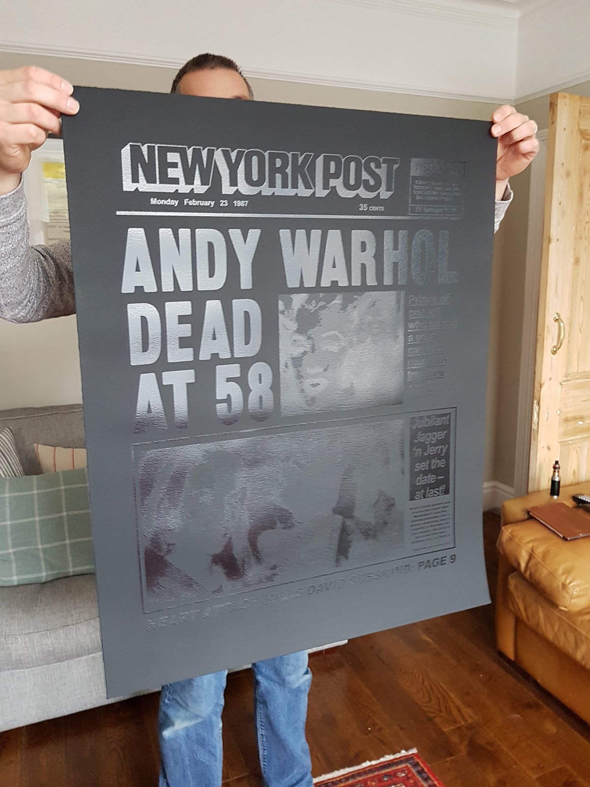 Gloss black on grey print of the Warhol dead at 58 front page