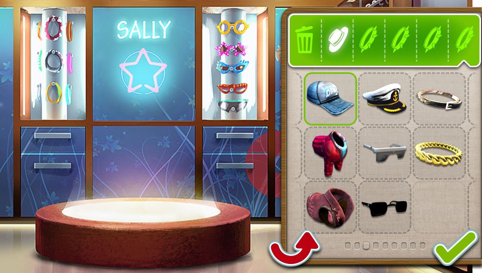 Dressing room accessory screen v2, with reset arrow and confirm tick